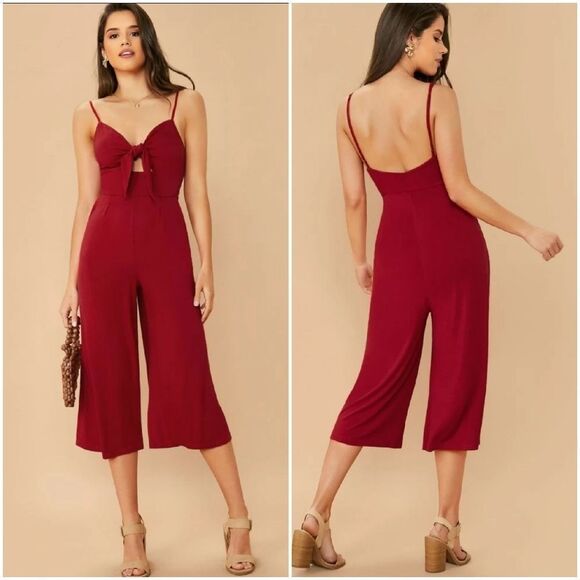 🔸️Red Cutout Tie Front Culotte Sleeveless Jumpsuit XSmall - Picture 5 of 15